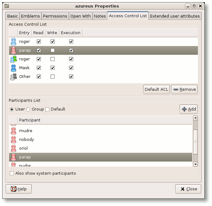 Access Control List window